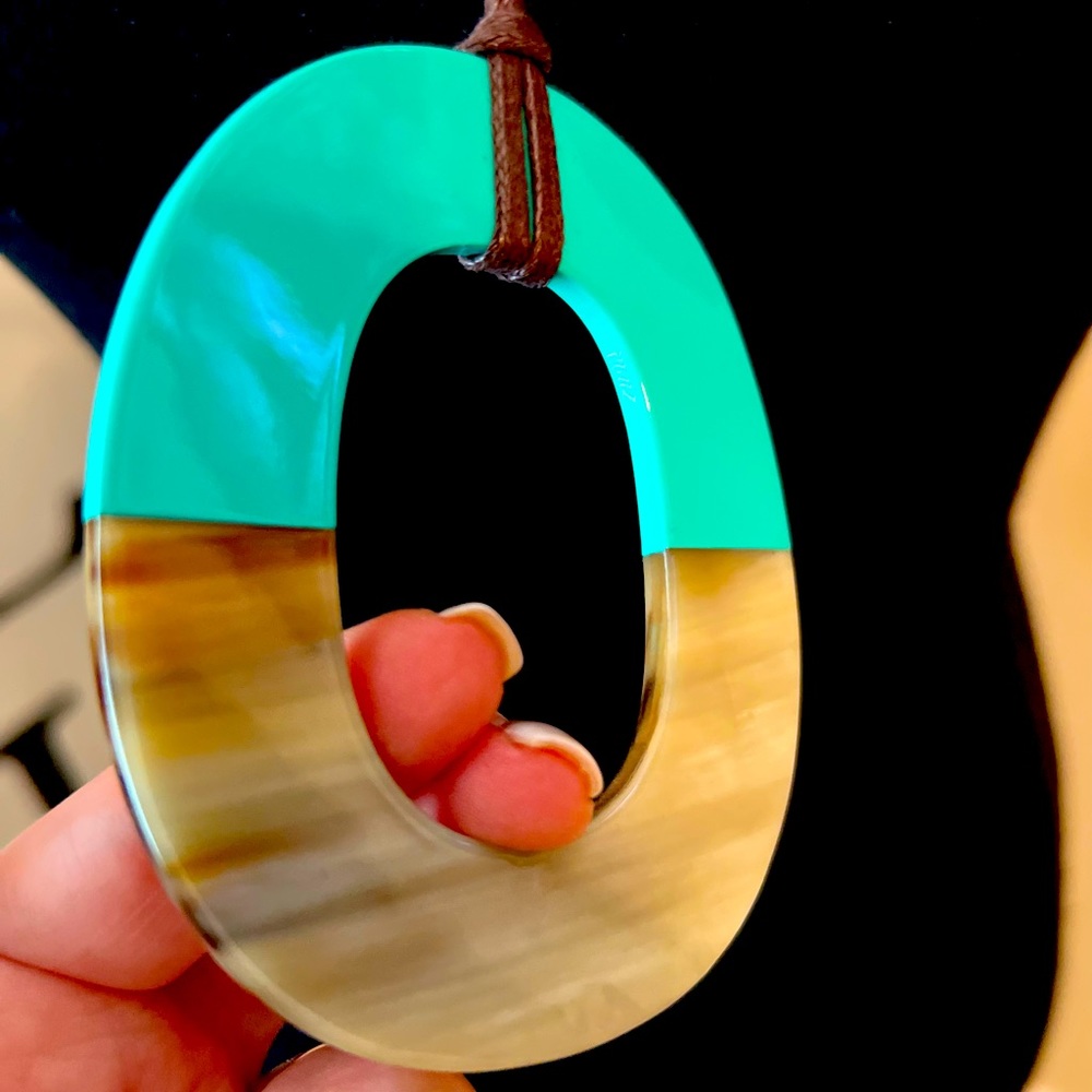 Turquoise & Buffalo Horn Statement Pendant Necklace | Adjustable Leather Cord - Picture 4 of 10